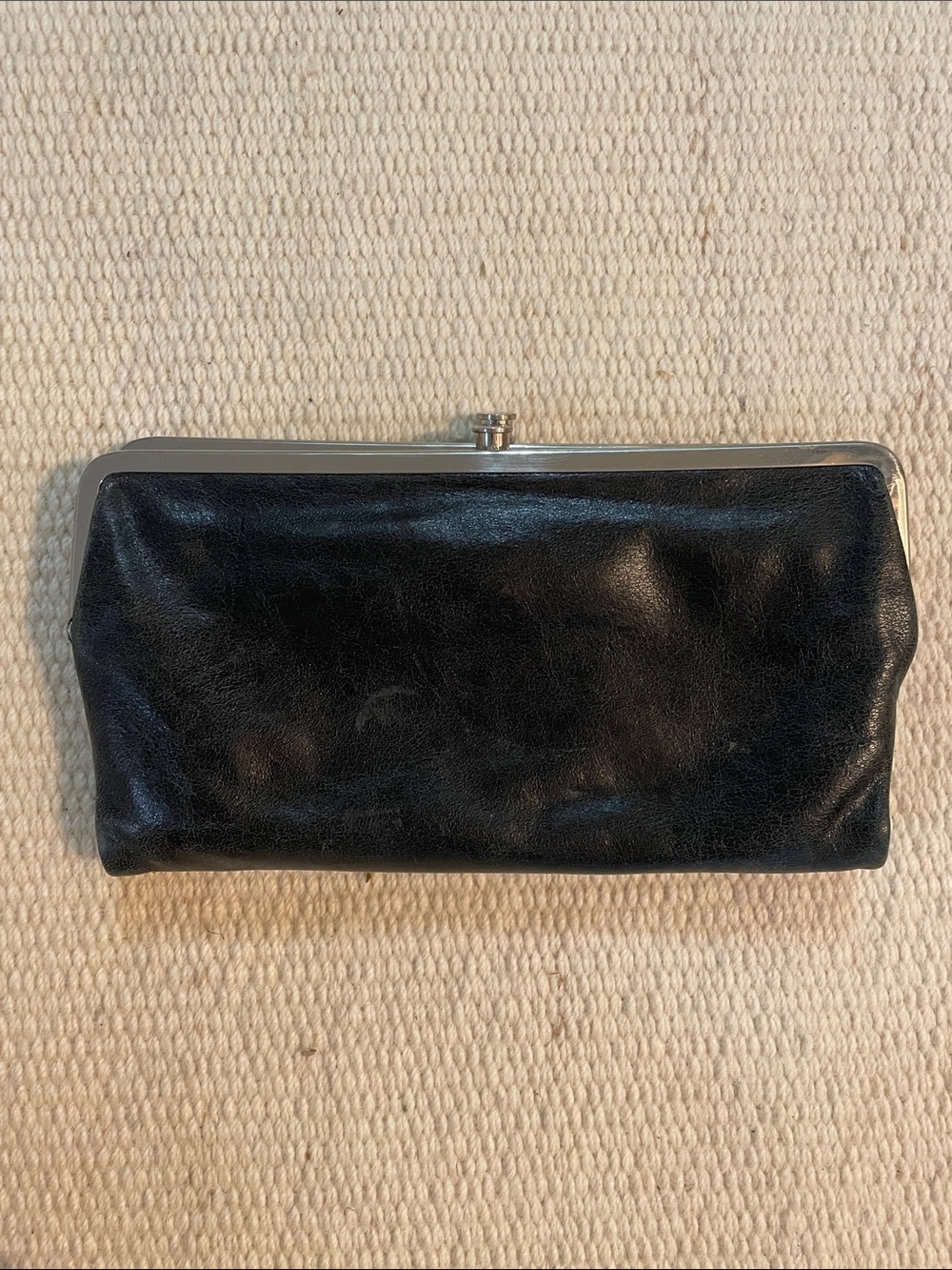 HOBO Black Leather Clutch Wallet with Silver Frame